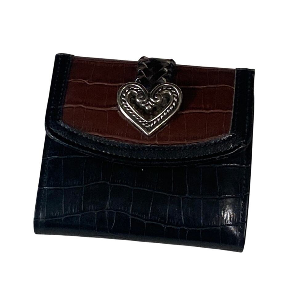 Brighton VTG Two Tone Black Brown Croc Embossed Leather Trifold Wallet Heart